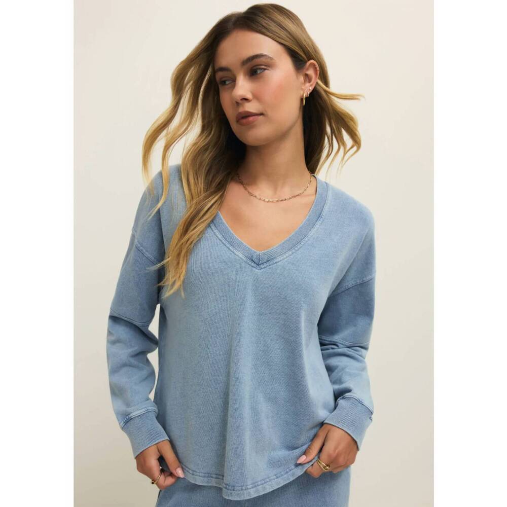 NEW Z SUPPLY delphine knit denim pullover sweatshirt in blue